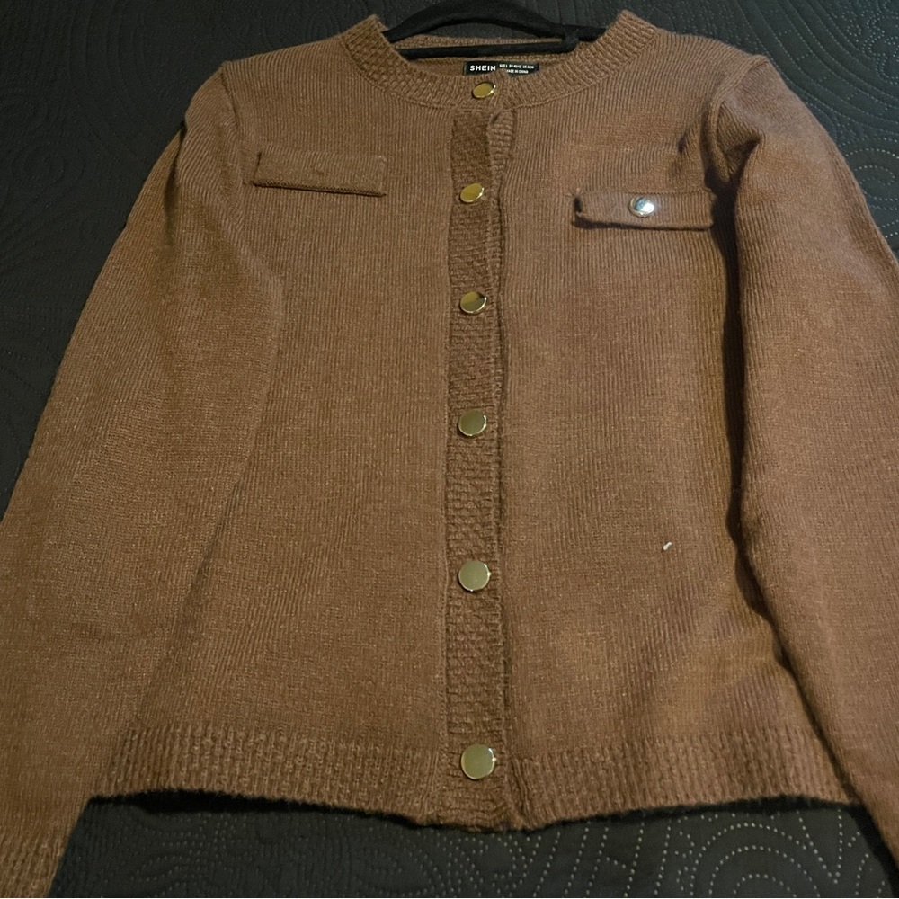 SHEIN Brown Cardigan Sweater with Ribbed Trim